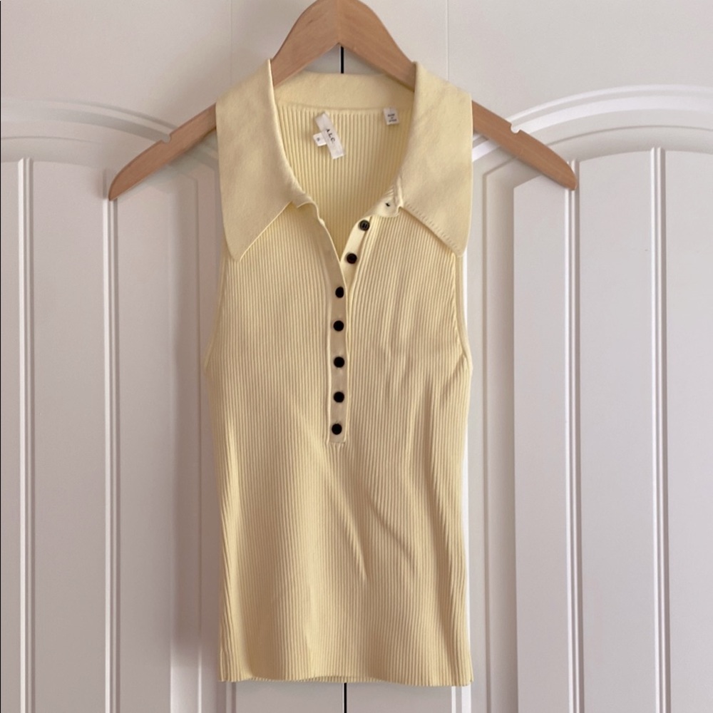 A.L.C. Pale Yellow Ribbed Collared Tank with Button Placket